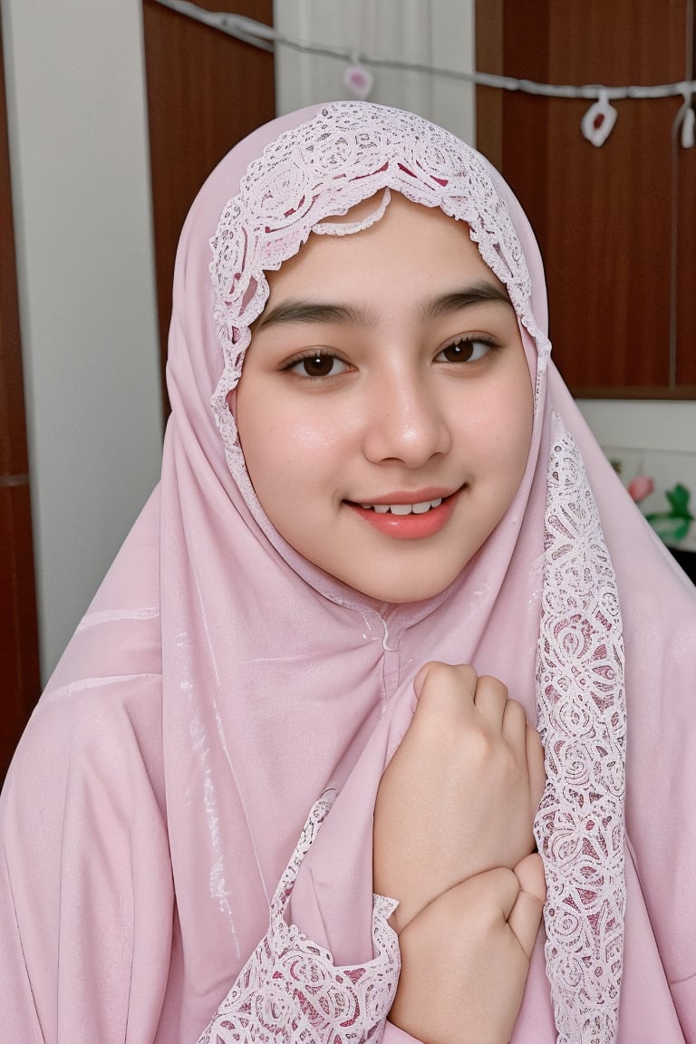(mukena), 1 girl, 22 year, smile, using a PRAYER HIJAB PINK, Hugging the Holy Qur'an in your chest, white background,kimyojung