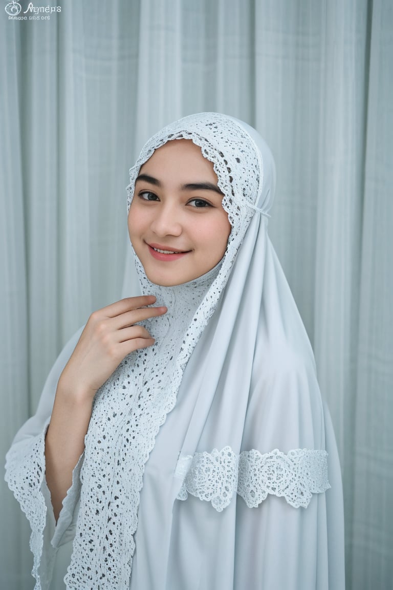 (mukena), 1 girl, 25 year, smile, using a PRAYER HIJAB frilly, white background, real_life, from_behind_view