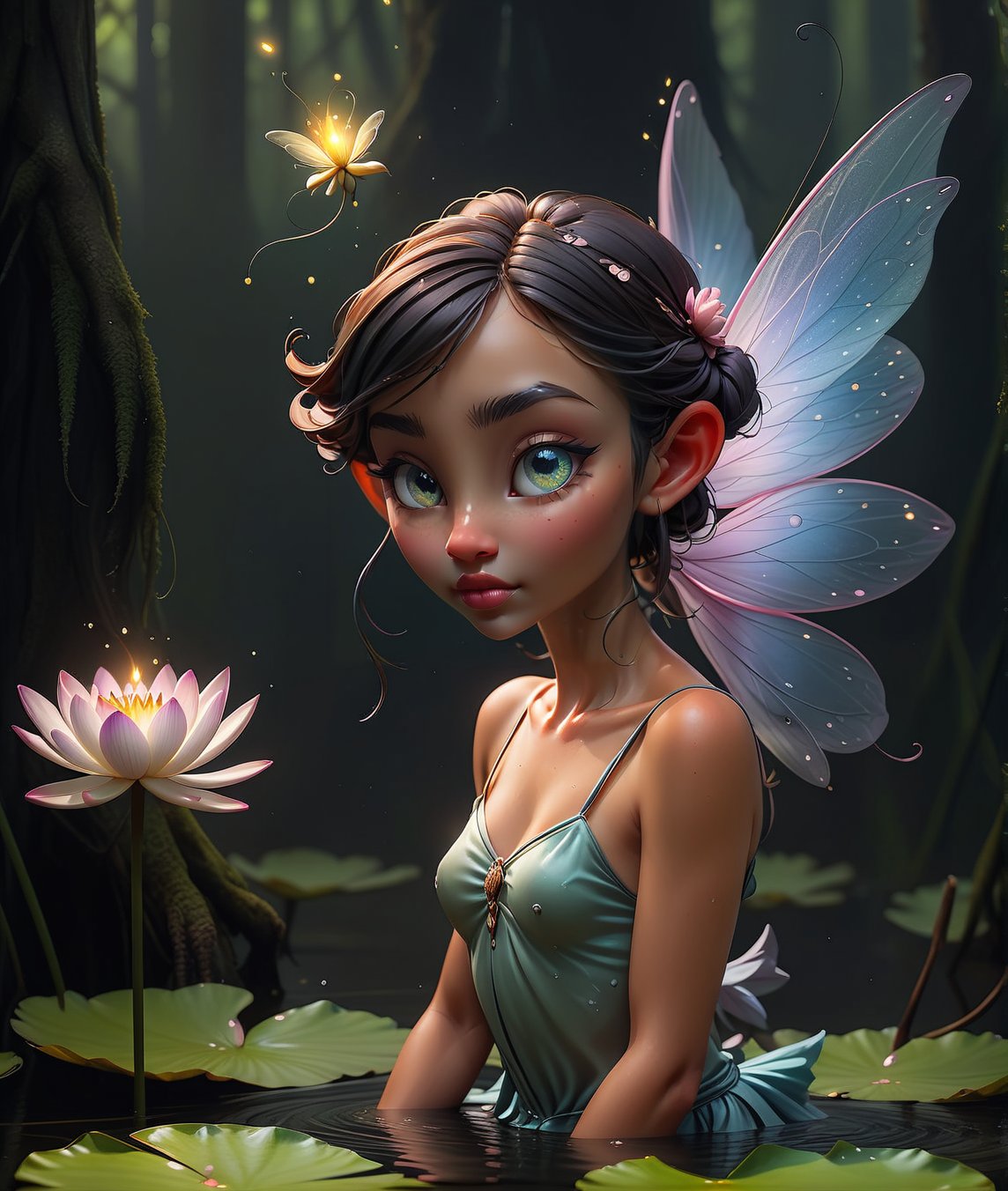 Positive prompt:
fairy tale  mischievous fairy, with wings adorned by delicate water lily petals and eyes that glow like fireflies, flits through the murky depths of a swamp at dusk. The ethereal creature playfully interacts with its surroundings while casting an enchanting spell on unsuspecting creatures below . magical, fantastical, enchanting, storybook style, highly detailed