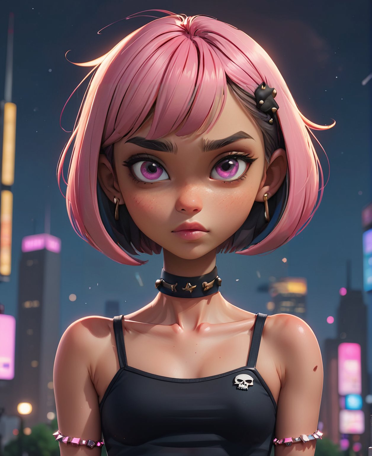 (masterpiece,best quality,absurdres,beautiful,aesthetic,detailed),upper body,modern city,outside,night sky,1girl,looking at viewer,pale,bob cut,blunt bangs,pink hair,crop top,midriff,spiked bracelet,choker,,skull print, middle finger   ,loli