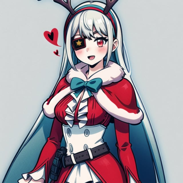 	
1GIRL, SOLO, CHRISTMAS, LONG HAIR, EYEPATCH, FUR TRIM, RED EYES, SANTA COSTUME, ANTLERS, CAPELET, BOW, HAIRBAND, LOOKING AT VIEWER, WHITE HAIR, SIMPLE BACKGROUND, RED CAPELET, BELT, GREY HAIR, SMILE, FUR-TRIMMED CAPELET, FAKE ANTLERS, WHITE BACKGROUND, DRESS, LONG SLEEVES, BANGS, SKIRT, BLUSH, BOWTIE, CLOSED MOUTH, UPPER BODY, STAR (SYMBOL), OPEN MOUTH, FRILLS, REINDEER ANTLERS, BREASTS, STANDING, BLUE BACKGROUND, CAPE, RED DRESS, MEDIUM BREASTS, RED SKIRT, LONG HAIR,50mm, cryengine, optical wonder, Camera from distance,
(masterpiece,best quality:1.4),(extremely detailed,8k,UHD),(bright studio lighting:1.1),(sharp focus:1.2),
xHeidi,photo of perfecteyes eyes,xReina