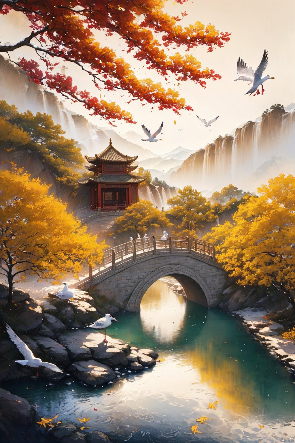  Best quality,8k,cg,falls,flowers,Sun,mountain,seagull,bridge, Chinese ancient paintings,山水如画