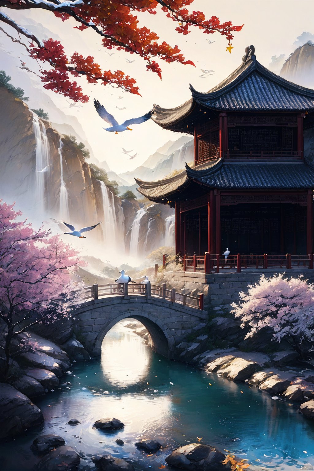  Best quality,8k,cg,falls,flowers,Sun,mountain,seagull,bridge, Chinese ancient paintings,山水如画