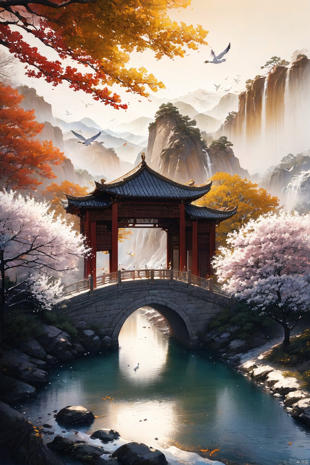  Best quality,8k,cg,falls,flowers,Sun,mountain,seagull,bridge, Chinese ancient paintings,山水如画