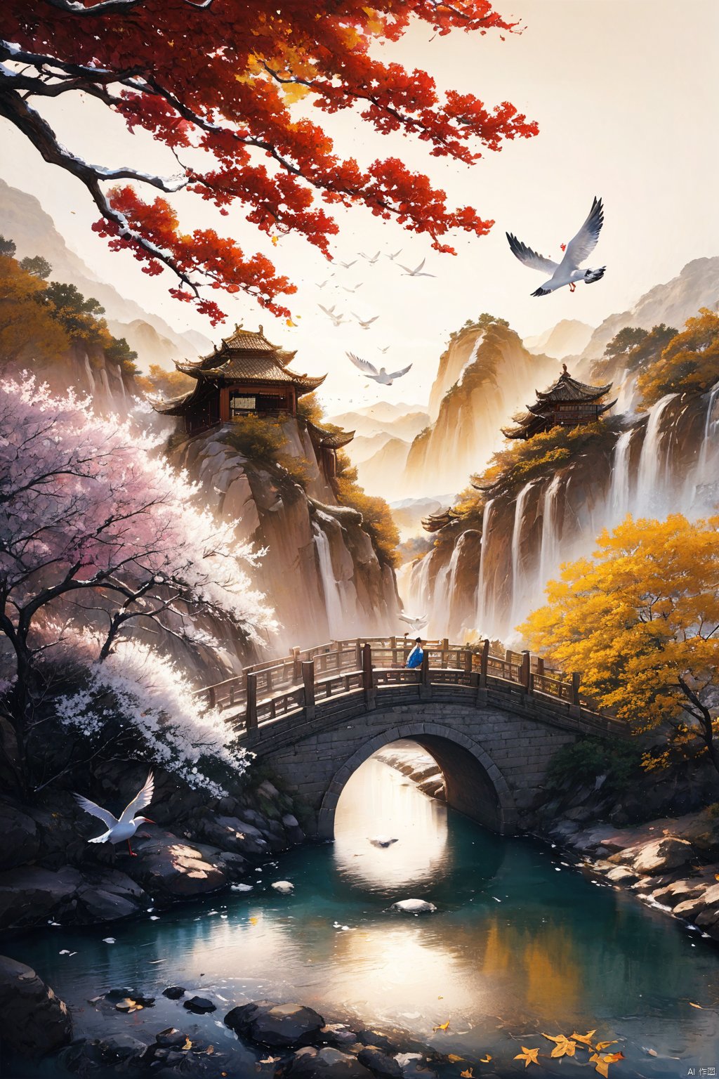  Best quality,8k,cg,falls,flowers,Sun,mountain,seagull,bridge, Chinese ancient paintings,山水如画