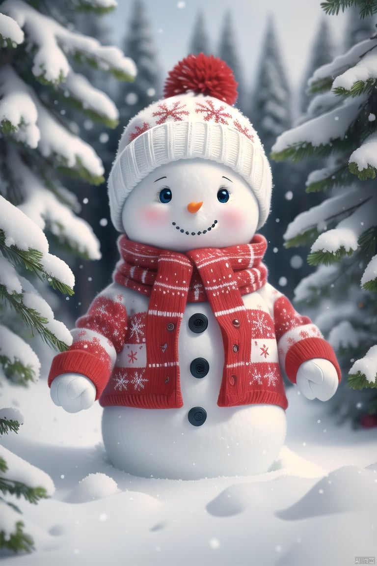 snowman, snow, no humans, hat, snowflakes, scarf, winter, snowing, blush, solo, smile, outdoors, winter clothes, tree