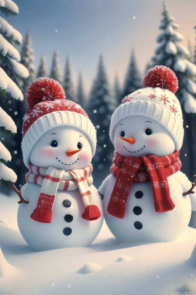 2 snowman, snow, no humans, hat, snowflakes, scarf, winter, snowing, blush, solo, smile, outdoors, winter clothes, tree