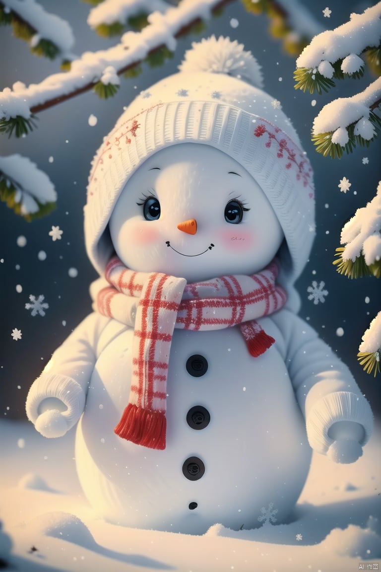 snowman, no humans, scarf, snow, :3, blush, hood, blurry, animal focus, solo, branch, winter, coat, snowing, looking at viewer