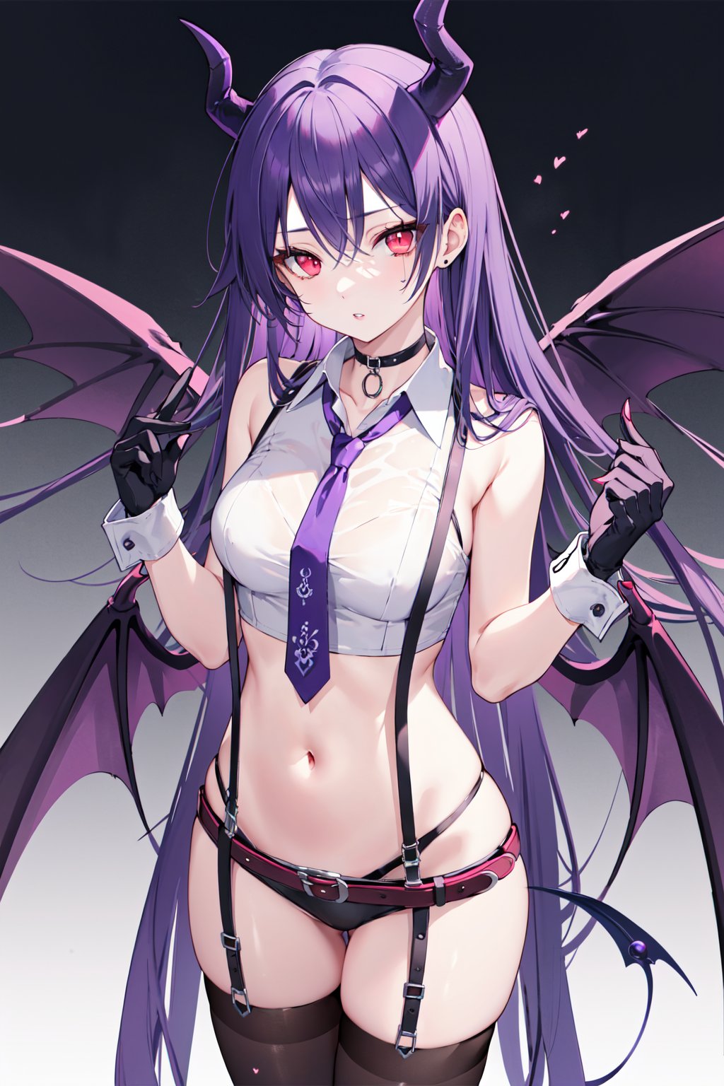 (masterpiece:1.2),best quality,PIXIV,Apricot eye,thighhighs,sleeveless,gloves,long hair,shirt,looking at viewer,navel,suspenders,purple eyes,wings,necktie,cuffs,standing,red eyes,parted lips,very long hair,choker,belt,demon wings,panties,