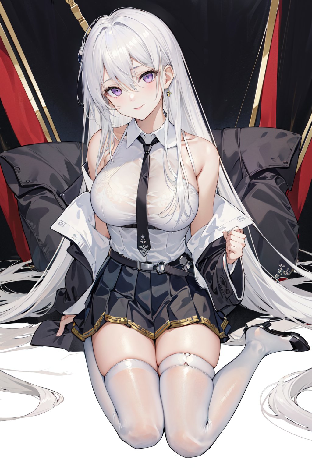 (masterpiece:1.2),best quality,PIXIV,1girl,enterprise (azur lane),solo,skirt,long hair,necktie,thighhighs,purple eyes,shirt,breasts,white hair,black necktie,sleeveless,looking at viewer,sleeveless shirt,white background,large breasts,pleated skirt,simple background,black thighhighs,white shirt,black coat,single thighhigh,coat,bare shoulders,collared shirt,smile,bangs,black skirt,hand on own chest,open clothes,off shoulder,sitting,miniskirt,very long hair,hair between eyes,closed mouth,belt,head tilt,<lora:企业AzurLane_v10:0.8>,