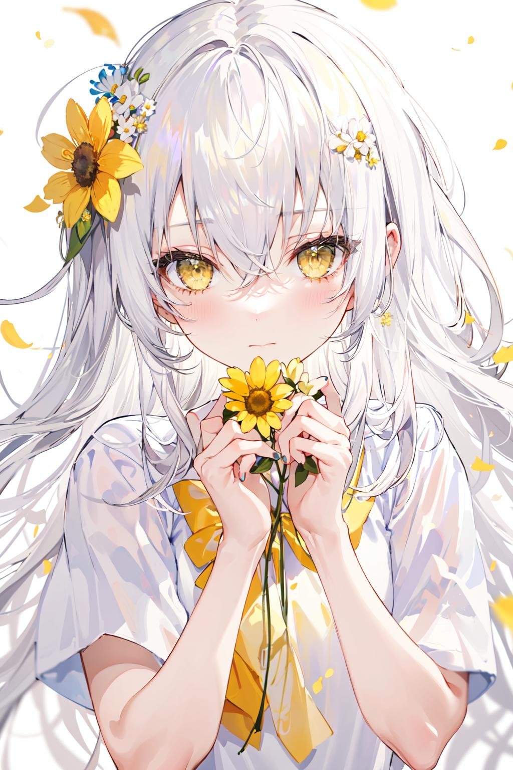 -Apricot eye, 1girl, solo, long hair, petals, looking at viewer, flower, yellow eyes, bangs, hair flower, hair ornament, white background, white hair, hair between eyes, yellow flower, upper body, simple background, yellow nails, white shirt, shirt, blush, nail polish, blurry, short sleeves, closed mouth, blurry foreground