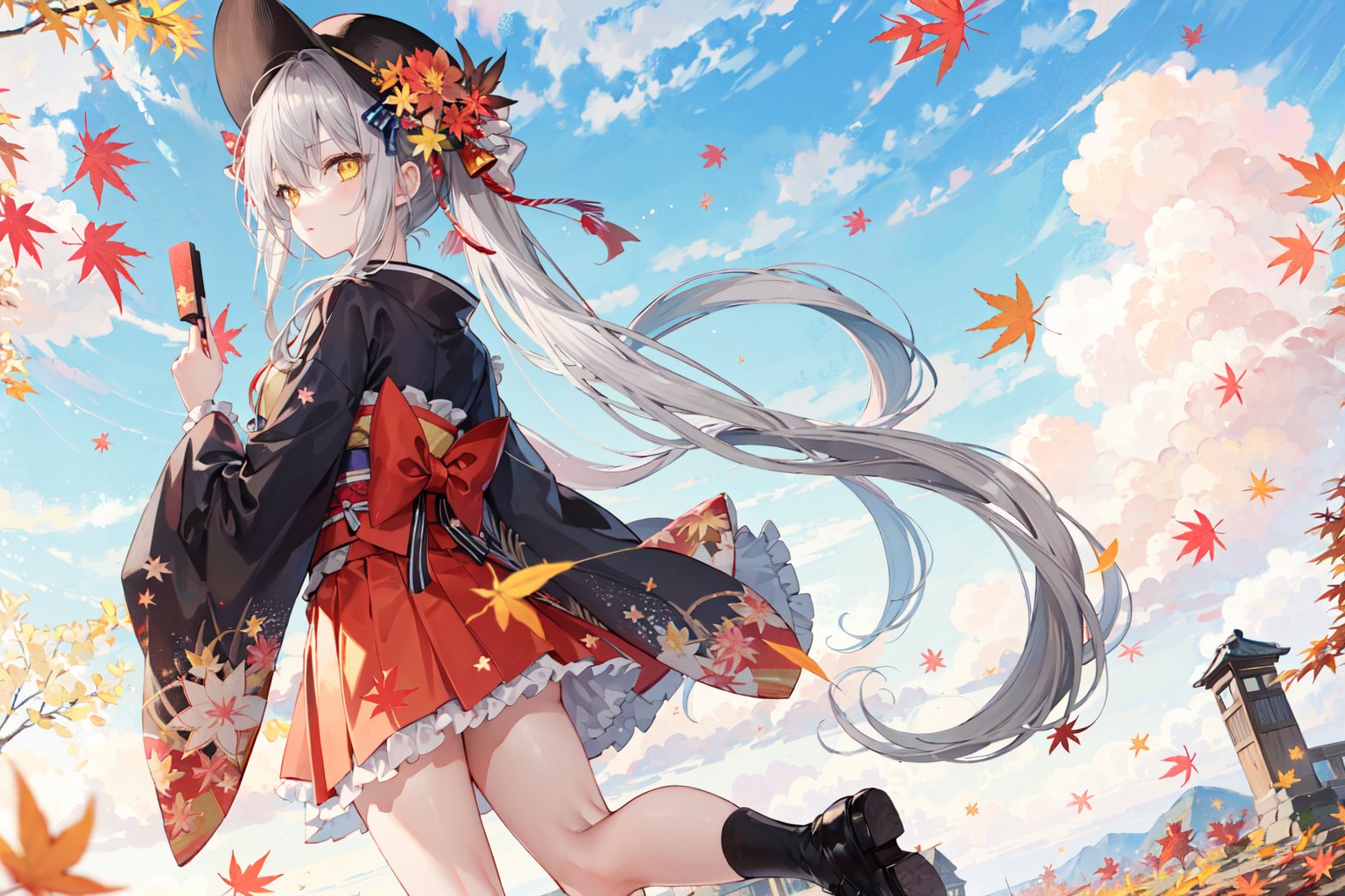 (masterpiece:1.2),best quality,PIXIV,Apricot eye,1girl,solo,autumn leaves,long hair,maple leaf,sky,looking at viewer,leaf,autumn,hat,very long hair,frills,japanese clothes,day,long sleeves,twintails,kimono,outdoors,blue sky,bangs,wide sleeves,skirt,cloud,yellow eyes,looking back,hair ornament,grey hair,black footwear,orange headwear,bow,feet out of frame,