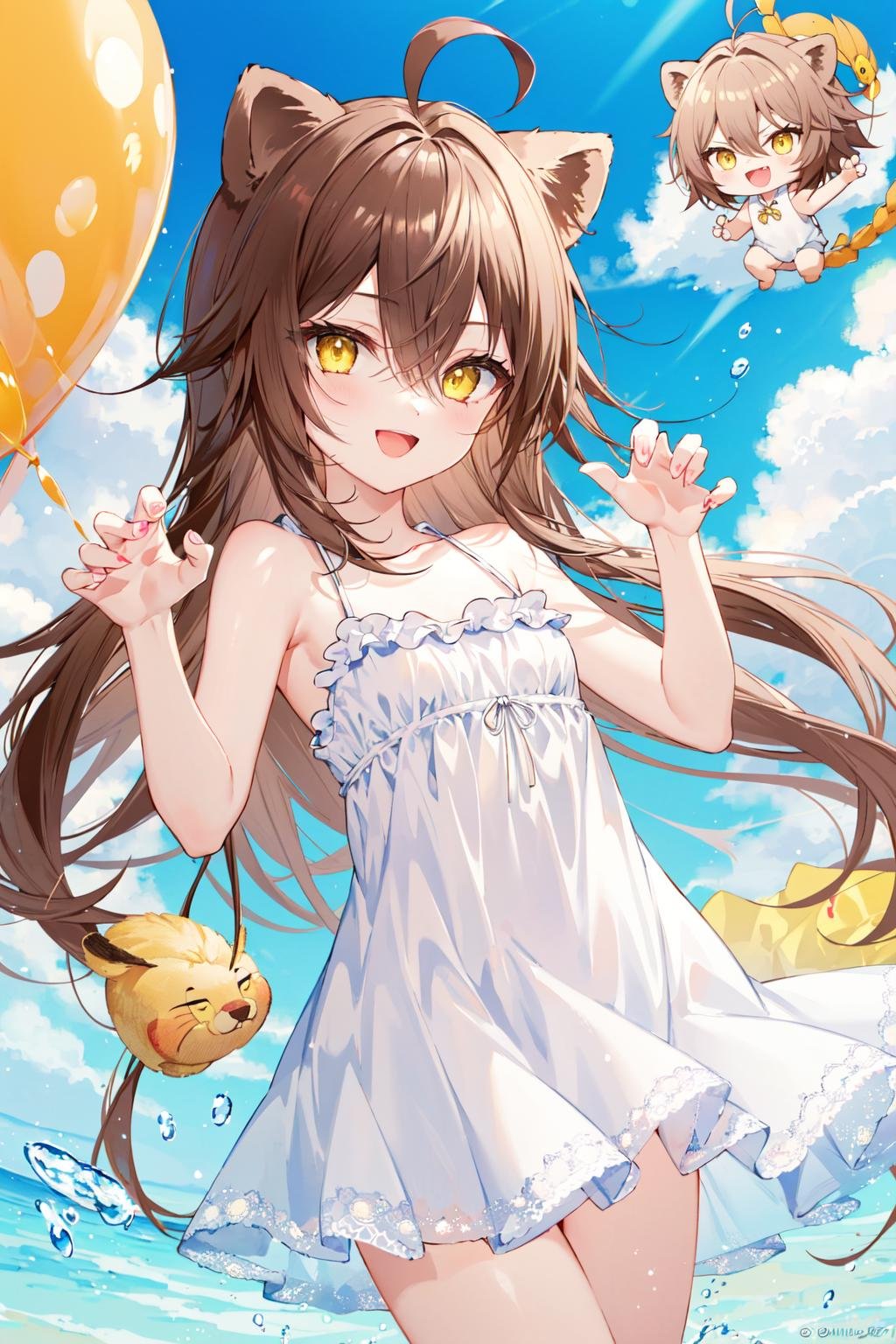 (masterpiece:1.2),best quality,PIXIV,Apricot eye,lion tail,lion ears,1girl,virtual youtuber,dress,tail,yellow eyes,long hair,animal ears,white dress,claw pose,lion girl,looking at viewer,ahoge,sleeveless dress,brown hair,frilled dress,smile,chibi,open mouth,sundress,sleeveless,bangs,hair between eyes,frills,food,small breasts,bare shoulders,bare arms,:d,thighs,