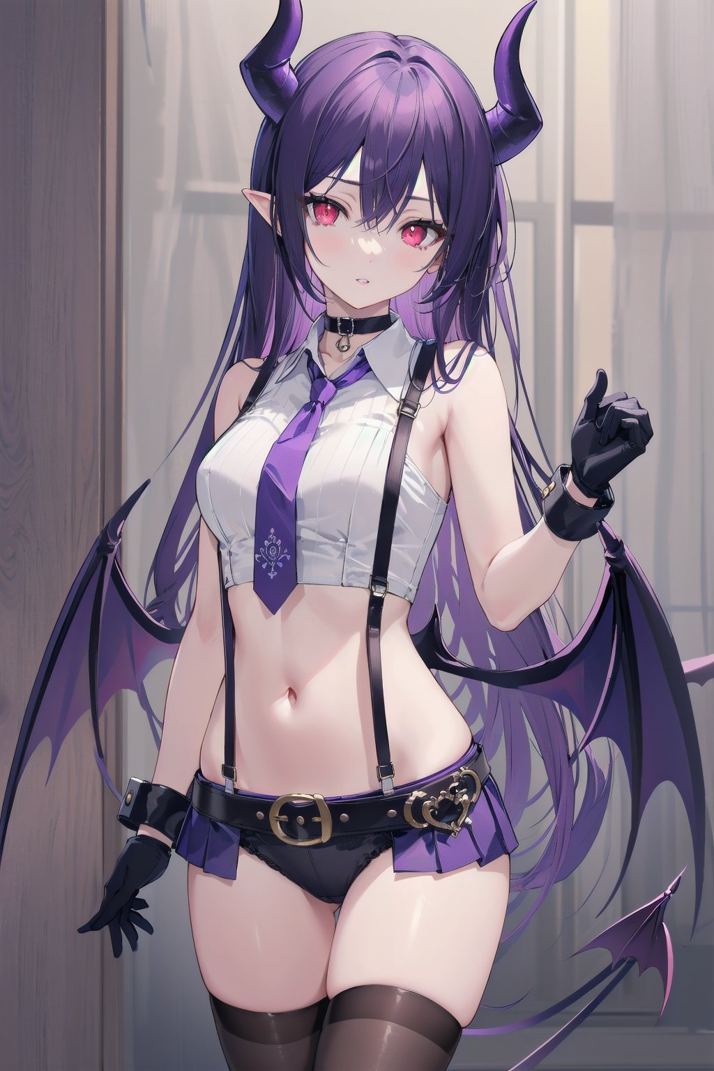 (masterpiece:1.2),best quality,PIXIV,Apricot eye,thighhighs,sleeveless,gloves,long hair,shirt,looking at viewer,navel,suspenders,purple eyes,wings,necktie,cuffs,standing,red eyes,parted lips,very long hair,choker,belt,demon wings,panties,