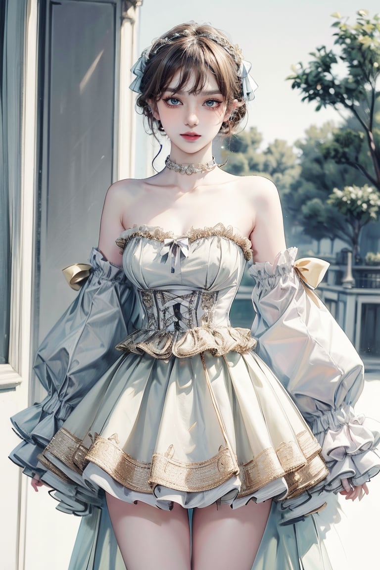 female, ((masterpiece, best quality, ultra detailed, absurdres):1.5), 1girl, bangs,beautiful,bow,ribbon,bare shoulders,frills,detached sleeves,white dress,sleeves past wrists,strapless,frilled dress,strapless dress
,white sleeves,