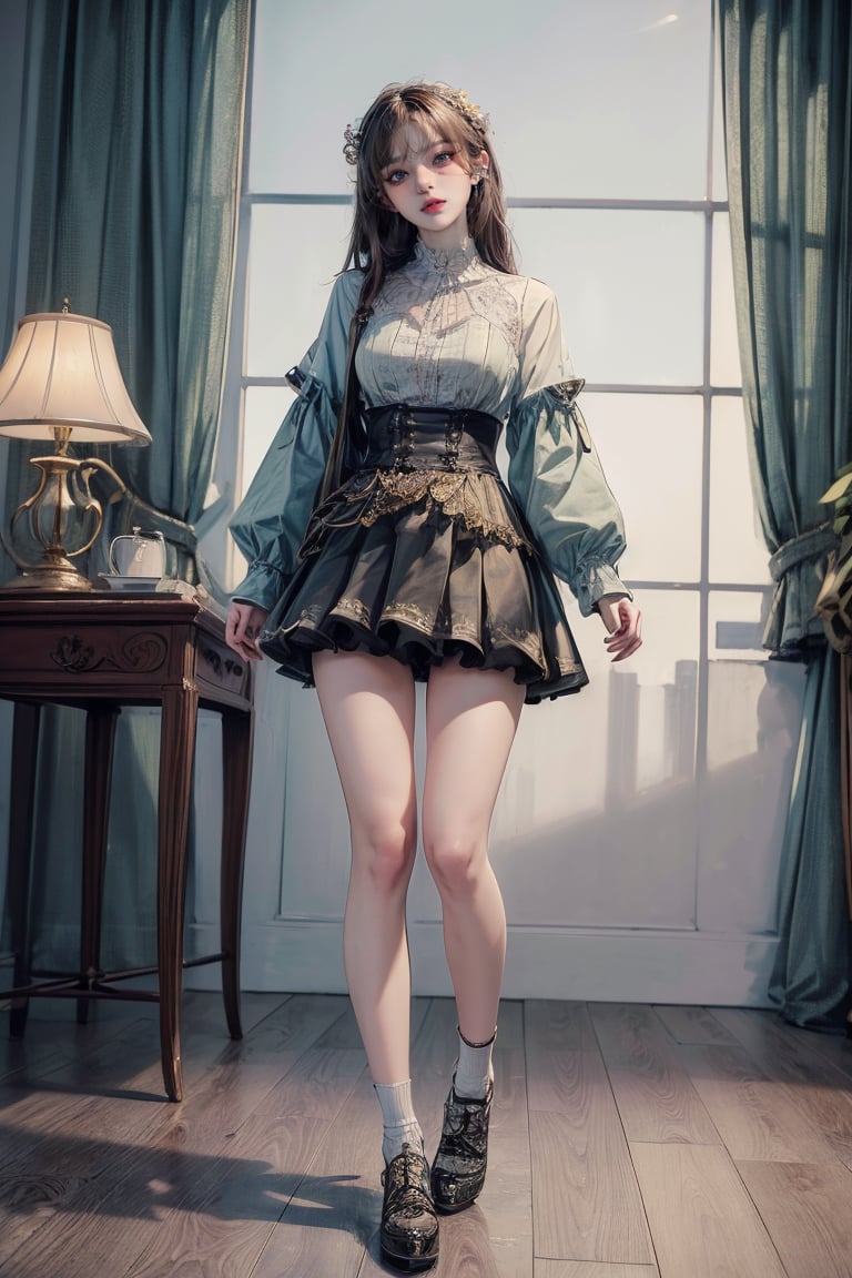 female, ((masterpiece, best quality, ultra detailed, absurdres):1.5), 1girl, bangs,beautiful, skirt, shoes, socks, ,adress,