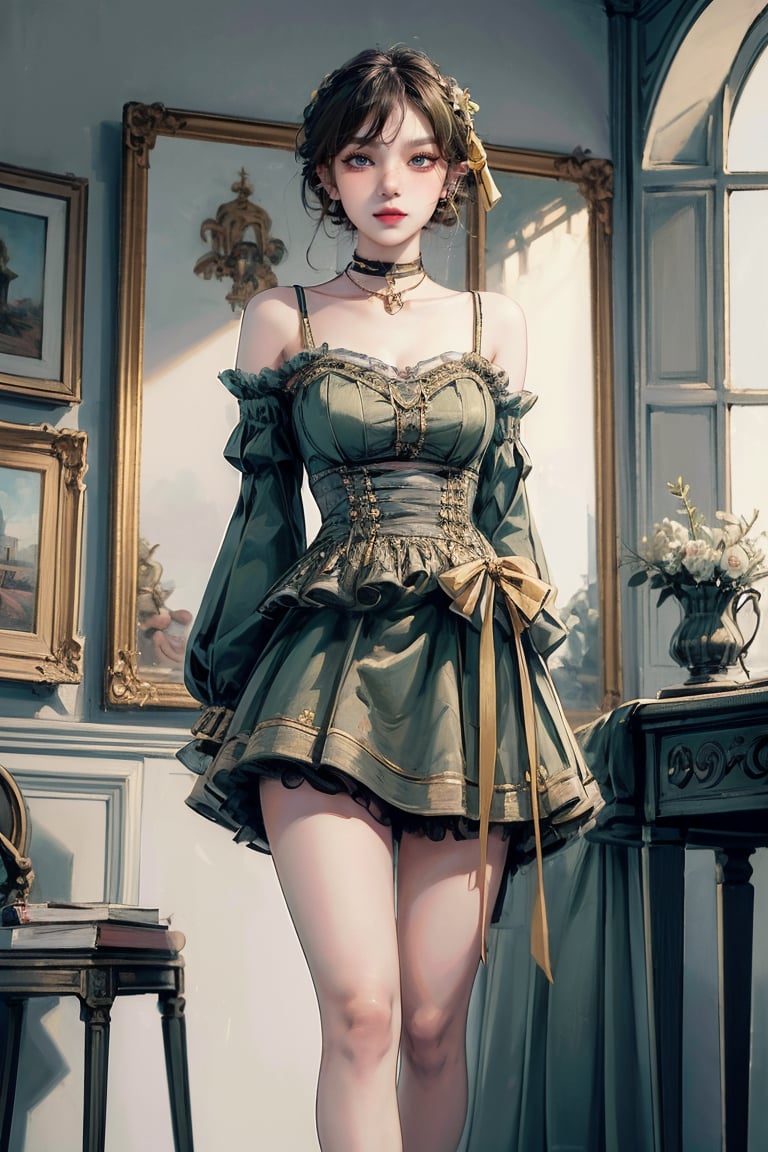 female, ((masterpiece, best quality, ultra detailed, absurdres):1.5), 1girl, bangs,beautiful, detached sleeves,choker,book,arms behind back,cropped legs,green dress,yellow ribbon ,adress,