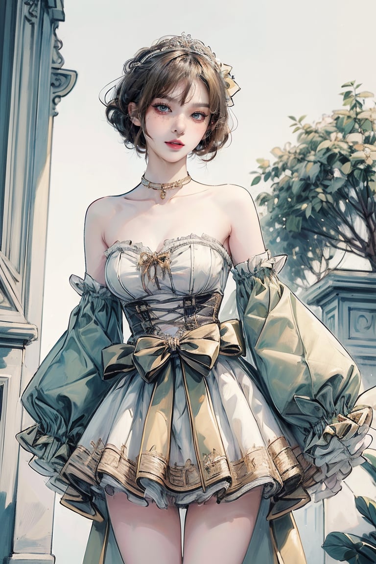 female, ((masterpiece, best quality, ultra detailed, absurdres):1.5), 1girl, bangs,beautiful, detached sleeves,bow,ribbon,bare shoulders,detached sleeves,white dress,sleeves past wrists,strapless,frilled dress,strapless dress
,white sleeves,adress