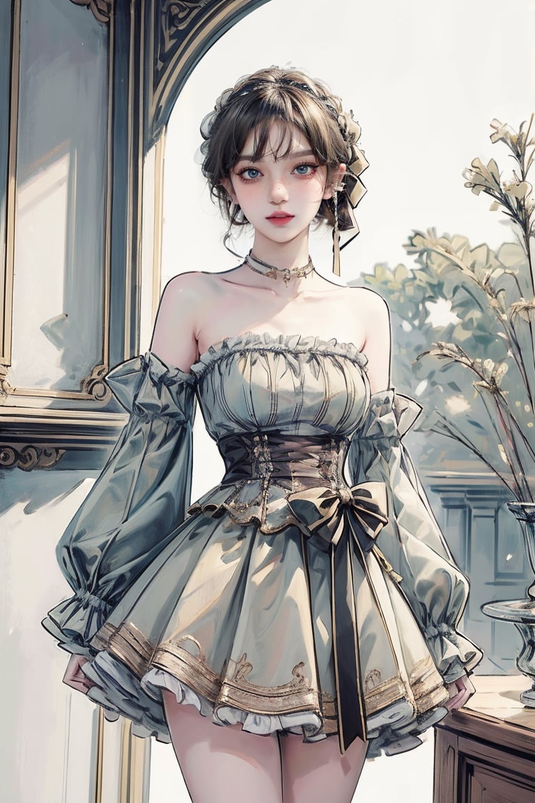 female, ((masterpiece, best quality, ultra detailed, absurdres):1.5), 1girl, bangs,beautiful, detached sleeves,bow,ribbon,bare shoulders,frills,detached sleeves,white dress,sleeves past wrists,strapless,frilled dress,strapless dress
,white sleeves,