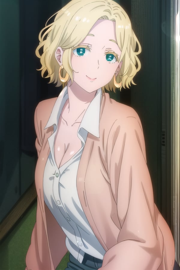 ferrisolston, <lora:ferris olston s1-lora-nochekaiser:1>,ferris olston, short hair, blonde hair, (green eyes:1.3), mature female, smile,BREAK shirt, cleavage, jewelry, collarbone, jacket, white shirt, earrings, collared shirt, brown jacket, hoop earrings,BREAK indoors,BREAK looking at viewer, (cowboy shot:1.5),BREAK <lyco:GoodHands-beta2:1>, (masterpiece:1.2), best quality, high resolution, unity 8k wallpaper, (illustration:0.8), (beautiful detailed eyes:1.6), extremely detailed face, perfect lighting, extremely detailed CG, (perfect hands, perfect anatomy),