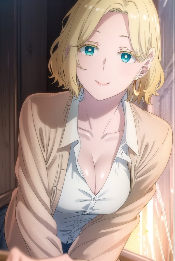 ferrisolston, <lora:ferris olston s1-lora-nochekaiser:1>,ferris olston, short hair, blonde hair, (green eyes:1.3), mature female, smile,BREAK shirt, cleavage, jewelry, collarbone, jacket, white shirt, earrings, collared shirt, brown jacket, hoop earrings,BREAK indoors,BREAK looking at viewer, (cowboy shot:1.5),BREAK <lyco:GoodHands-beta2:1>, (masterpiece:1.2), best quality, high resolution, unity 8k wallpaper, (illustration:0.8), (beautiful detailed eyes:1.6), extremely detailed face, perfect lighting, extremely detailed CG, (perfect hands, perfect anatomy),