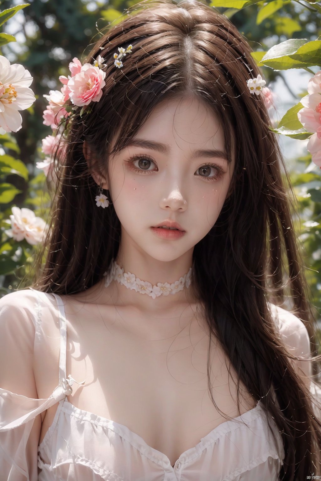  A girl,silk,cocoon,spider web,Solo,Complex Details,Color Differences,Realistic,(Moderate Breath),Off Shoulder,Eightfold Goddess,Pink Long Hair,White Headwear,Hair Above One Eye,Green Eyes,Earrings,Sharp Eyes,Perfect Fit,Choker,Dim Lights,cocoon,transparent,jiBeauty,1girl,flowers,mtianmei,Look at the camera.,flowing skirts,Giant flowers,,