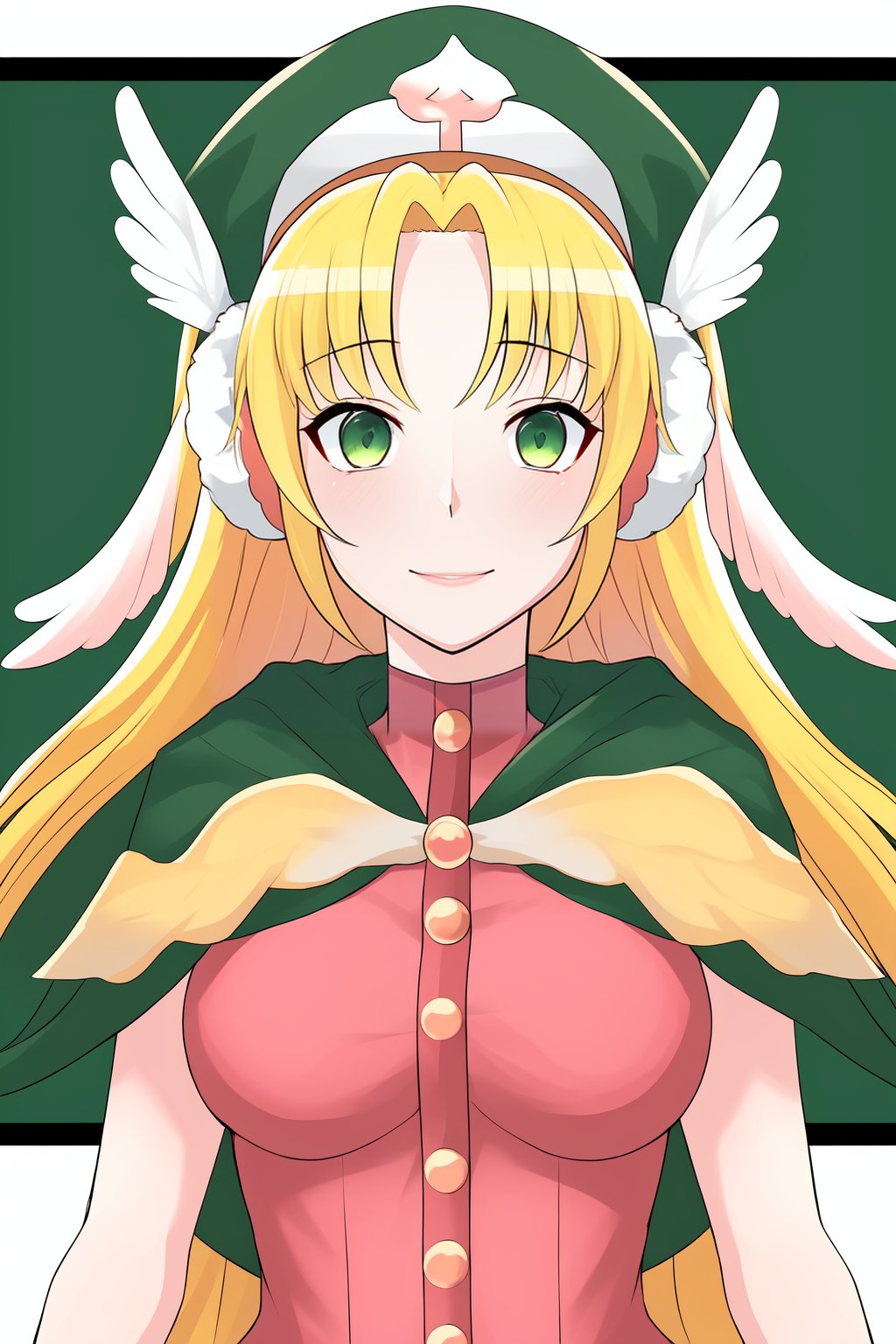 beautiful girl,  idol dress,  Divine Chant,  4th Seat of the Black Scripture,  blonde hair,  green eye,  pink dress,  green hood,  very long hair,  1girl,  angelwing-shaped earmuffs,<lora:EMS-260340-EMS:0.700000>