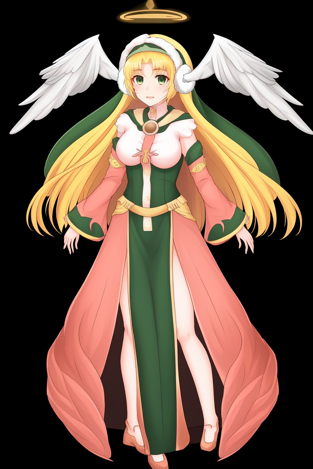 beautiful girl,  idol dress,  Divine Chant,  4th Seat of the Black Scripture,  blonde hair,  green eye,  pink dress,  green hood,  very long hair,  1girl,  solo,  full_body,  angelwing-shaped earmuffs,<lora:EMS-260340-EMS:0.700000>