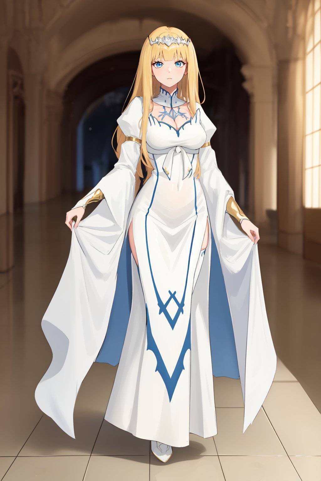 masterpiece,  best quality,  1girl,  solo,  full_body,  Calca,  blonde hair,  long hair,  white tiara,  white dress,  blue eyes,<lora:EMS-260339-EMS:0.700000>