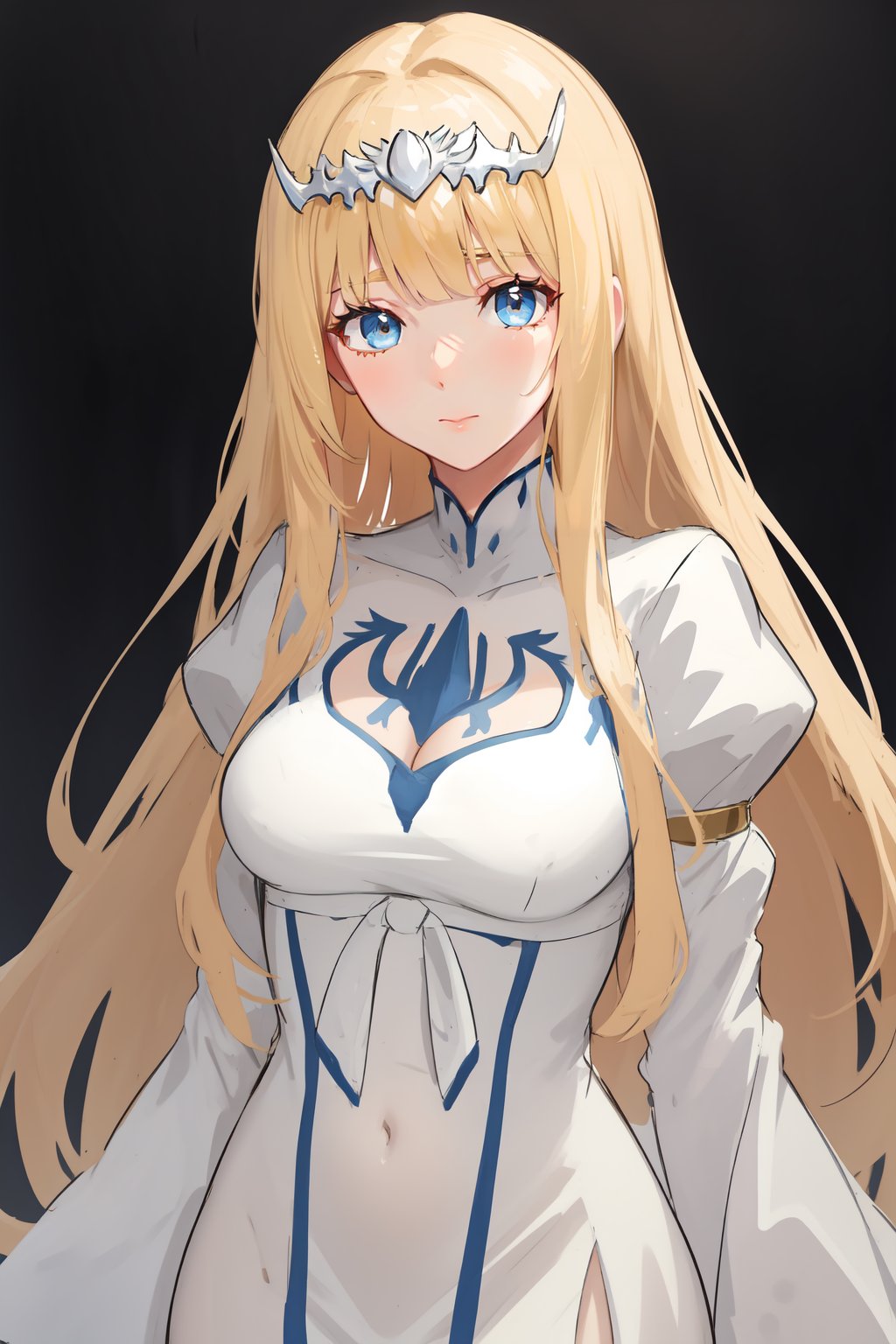 masterpiece,  best quality,  1girl,  Calca,  blonde hair,  long hair,  white tiara,  white dress,  blue eyes,<lora:EMS-260339-EMS:0.700000>