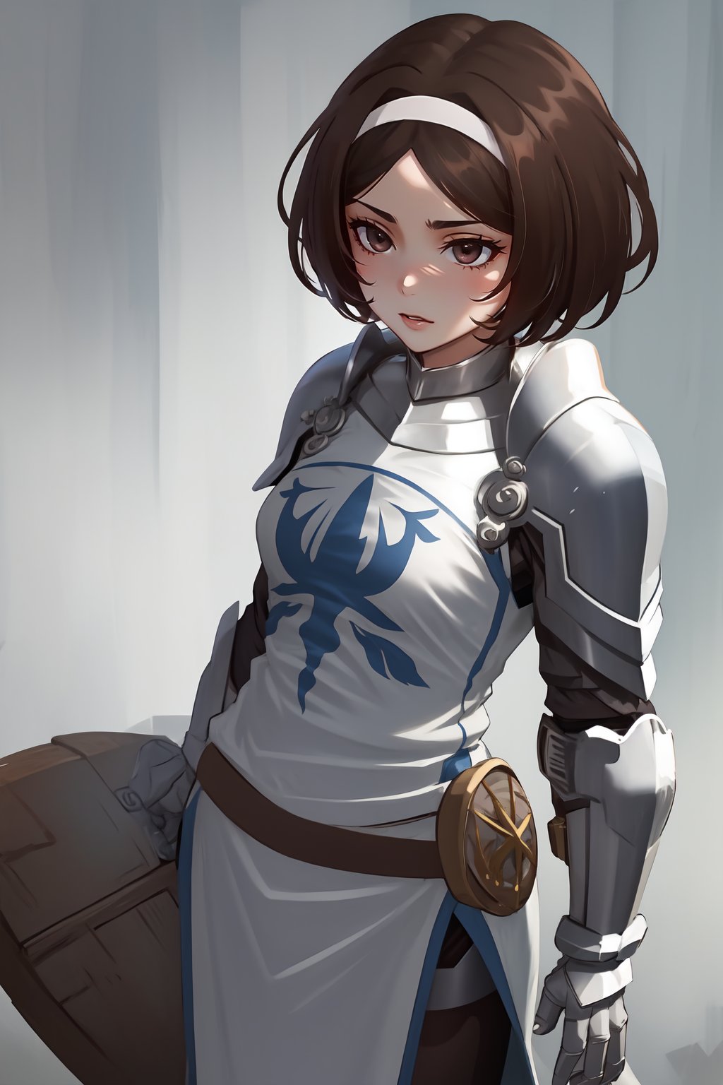 masterpiece,  best quality,  1girl,  Remedios,  short hair,  hair band,  brown hair,  armor,<lora:EMS-260343-EMS:0.700000>