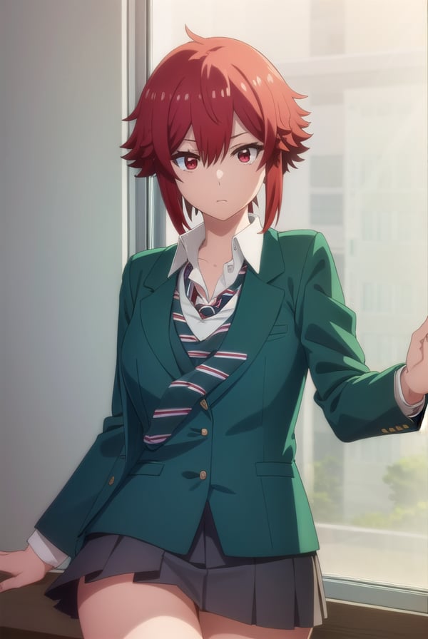 tomoaizawa, <lora:tomo aizawa s1-lora-nochekaiser:1>,tomo aizawa, short hair, (red eyes:1.3), hair between eyes, red hair,BREAK skirt, shirt, school uniform, jacket, white shirt, pleated skirt, necktie, striped, black skirt, blazer, red necktie, school bag, green jacket, striped necktie, (green blazer:1.5), bike shorts,BREAK indoors, classroom,BREAK looking at viewer, (cowboy shot:1.5),BREAK <lyco:GoodHands-beta2:1>, (masterpiece:1.2), best quality, high resolution, unity 8k wallpaper, (illustration:0.8), (beautiful detailed eyes:1.6), extremely detailed face, perfect lighting, extremely detailed CG, (perfect hands, perfect anatomy),