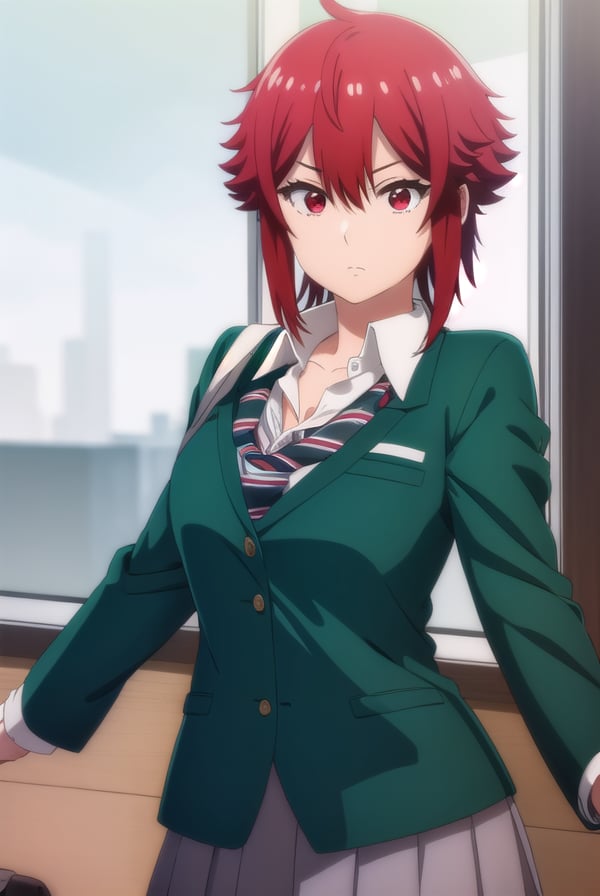 tomoaizawa, <lora:tomo aizawa s1-lora-nochekaiser:1>,tomo aizawa, short hair, (red eyes:1.3), hair between eyes, red hair,BREAK skirt, shirt, school uniform, jacket, white shirt, pleated skirt, necktie, striped, black skirt, blazer, red necktie, school bag, green jacket, striped necktie, (green blazer:1.5), bike shorts,BREAK indoors, classroom,BREAK looking at viewer, (cowboy shot:1.5),BREAK <lyco:GoodHands-beta2:1>, (masterpiece:1.2), best quality, high resolution, unity 8k wallpaper, (illustration:0.8), (beautiful detailed eyes:1.6), extremely detailed face, perfect lighting, extremely detailed CG, (perfect hands, perfect anatomy),