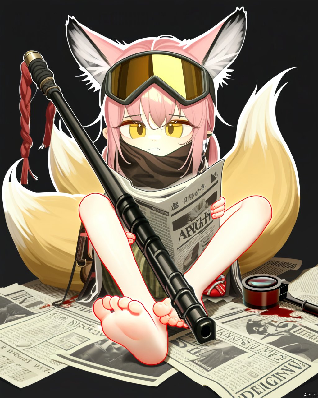  1girl,absurdres,animal_ears,arknights,asymmetrical_pants,barefoot,black_scarf,blood,child,crowbar,feet,foot_focus,foreshortening,fox_ears,fox_girl,fox_tail,goggles,goggles_on_head,gun,highres,holding,holding_weapon,legs_together,multiple_tails,newspaper,official_alternate_costume,on_ground,scarf,shell_casing,sitting,soles,solo,suzuran_(arknights),suzuran_(lostlands_flowering)_(arknights),tail,tianliang_duohe_fangdongye,toes,tooth,weapon