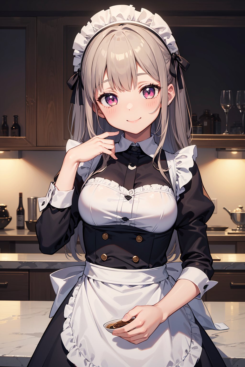 ((masterpiece, best quality, ultra-detailed, very fine 8KCG wallpapers)), 1girl, solo, medium breasts, smile, maid, cafe, nice hands, perfect hands,