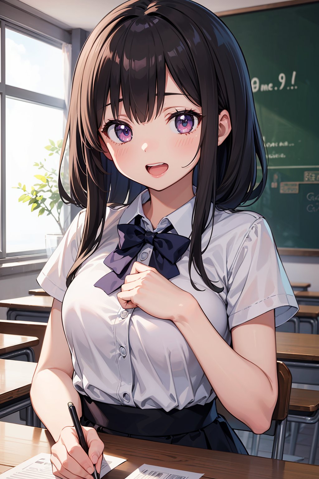 ((masterpiece, best quality, ultra-detailed, very fine 8KCG wallpapers)), 1girl, solo, medium breasts, cheerful, junior high schooler, classroom, nice hands, perfect hands,