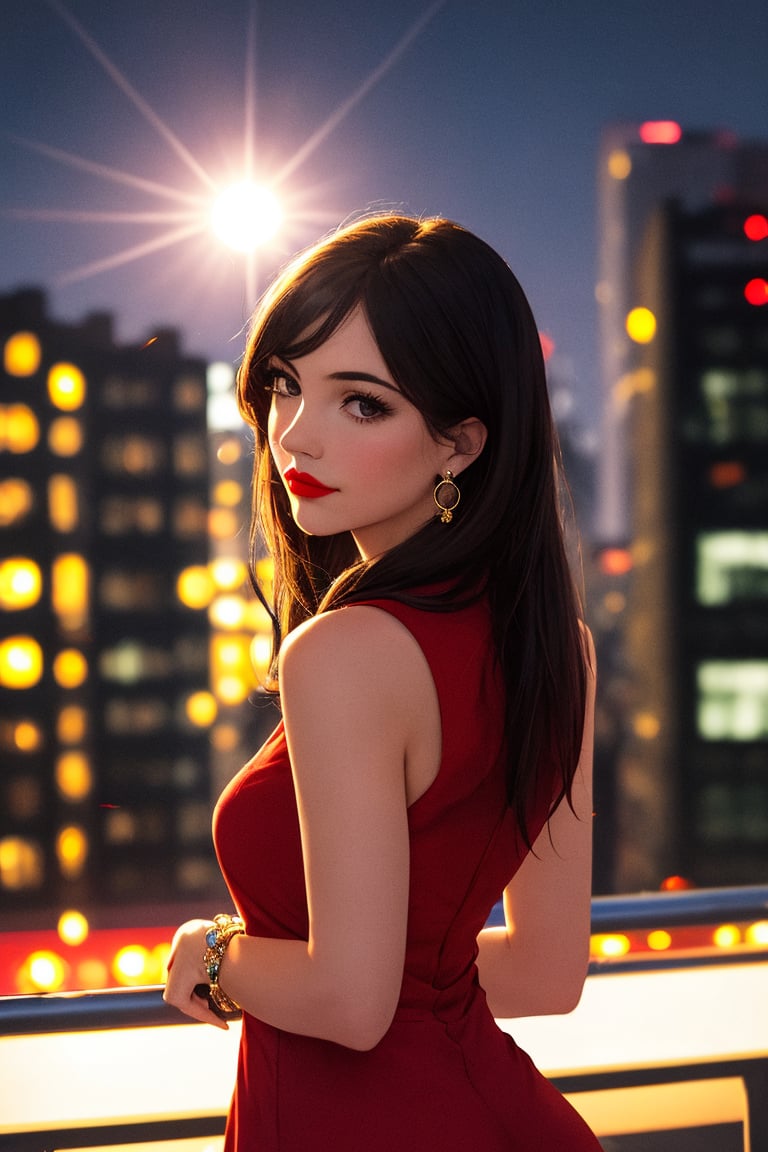 1girl, (red sleeveless dress, detailed jewelry), (portrait, backlit:1.2), (city, nighttime:1.2), posing for photo, long hair, lipstick