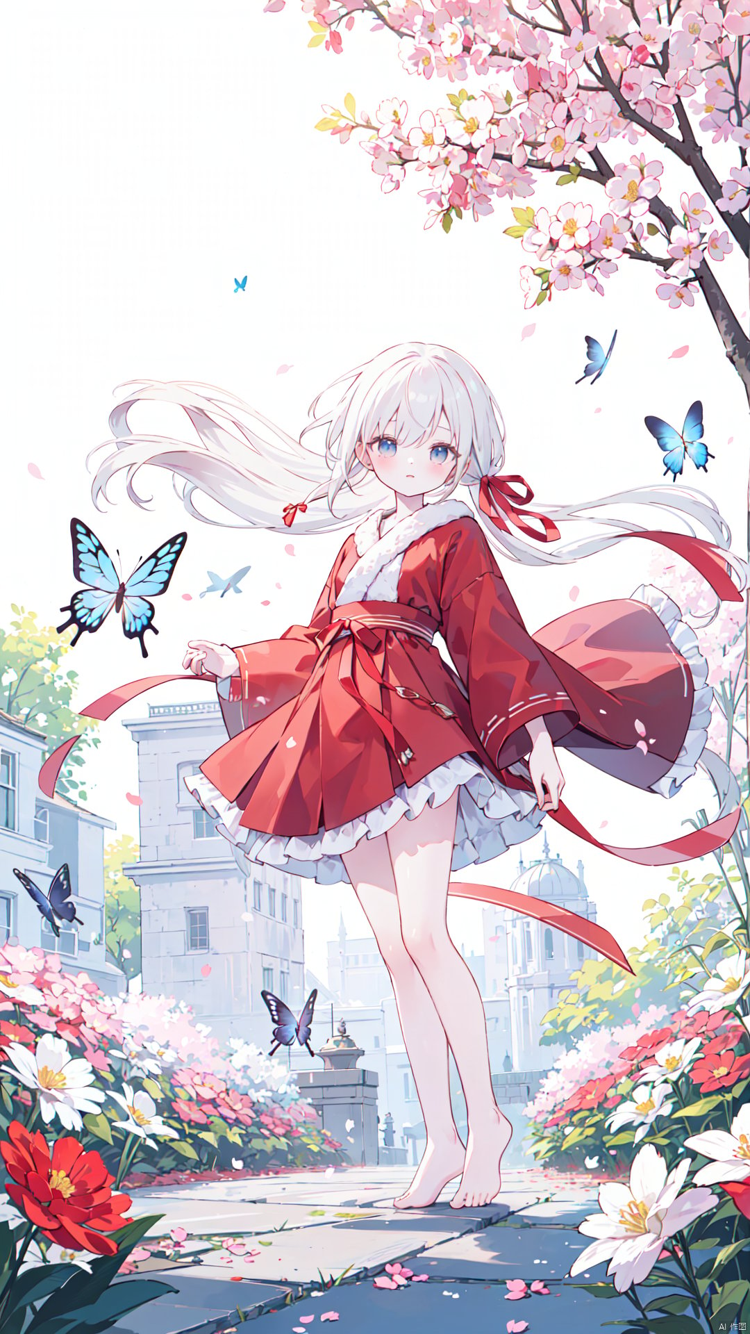 1 girl,HDR,high contrast,red classical robe,flying long hair,short skirt,hair tied with red ribbon,wind chimes,full body,soft clothing texture,eyes looking at the audience,flowers,butterflies,barefoot,red ribbon fluttering in the wind