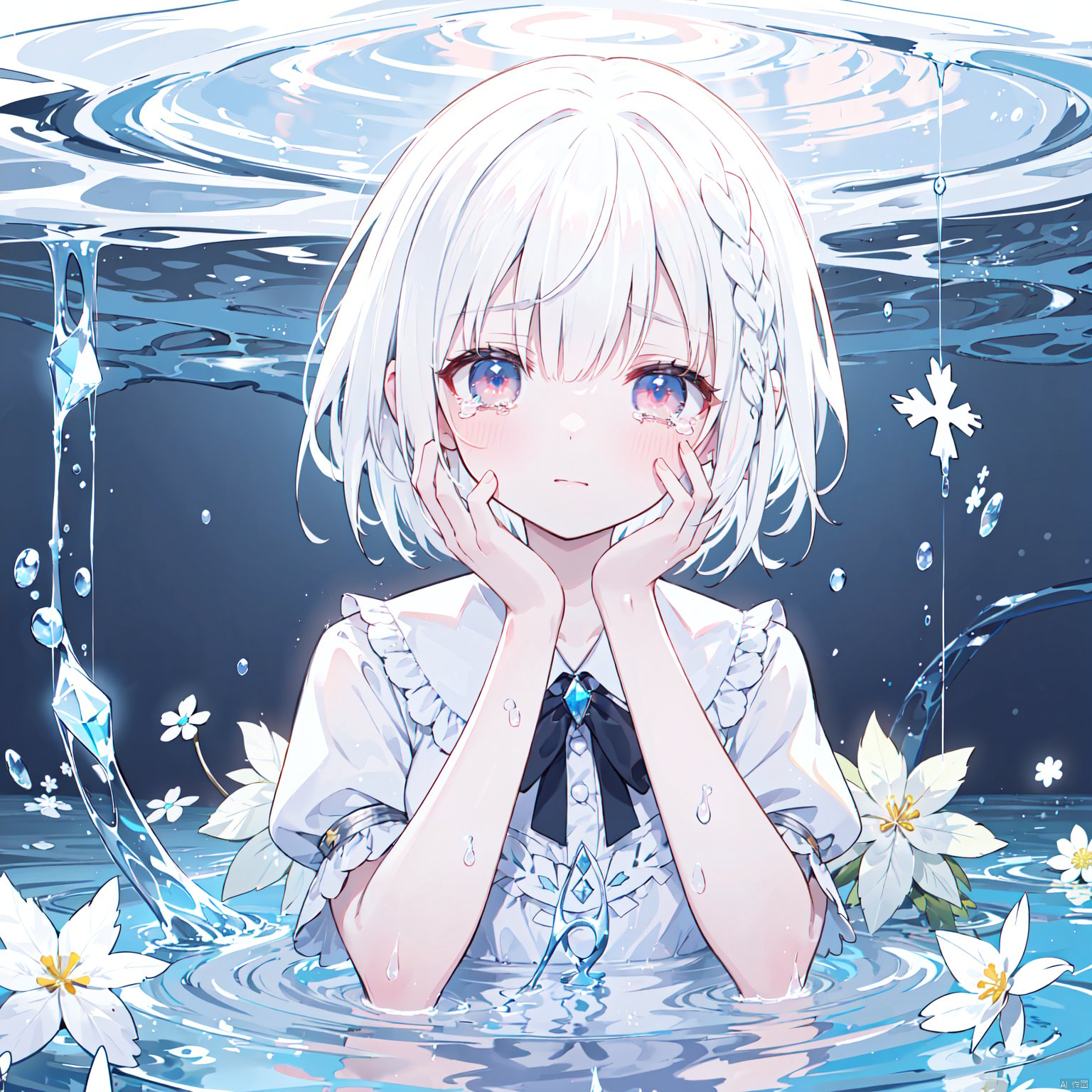 e:1.4), (streaming tears), sad, (Edelweiss), (Edelweiss), (Edelweiss), Ice crystal,Major Snow,looking at viewer, both hands on own cheek,White shirt , (white hair, short hair, braid,bangs:1.2), (glowing eyes), ripples, dark water, In water,