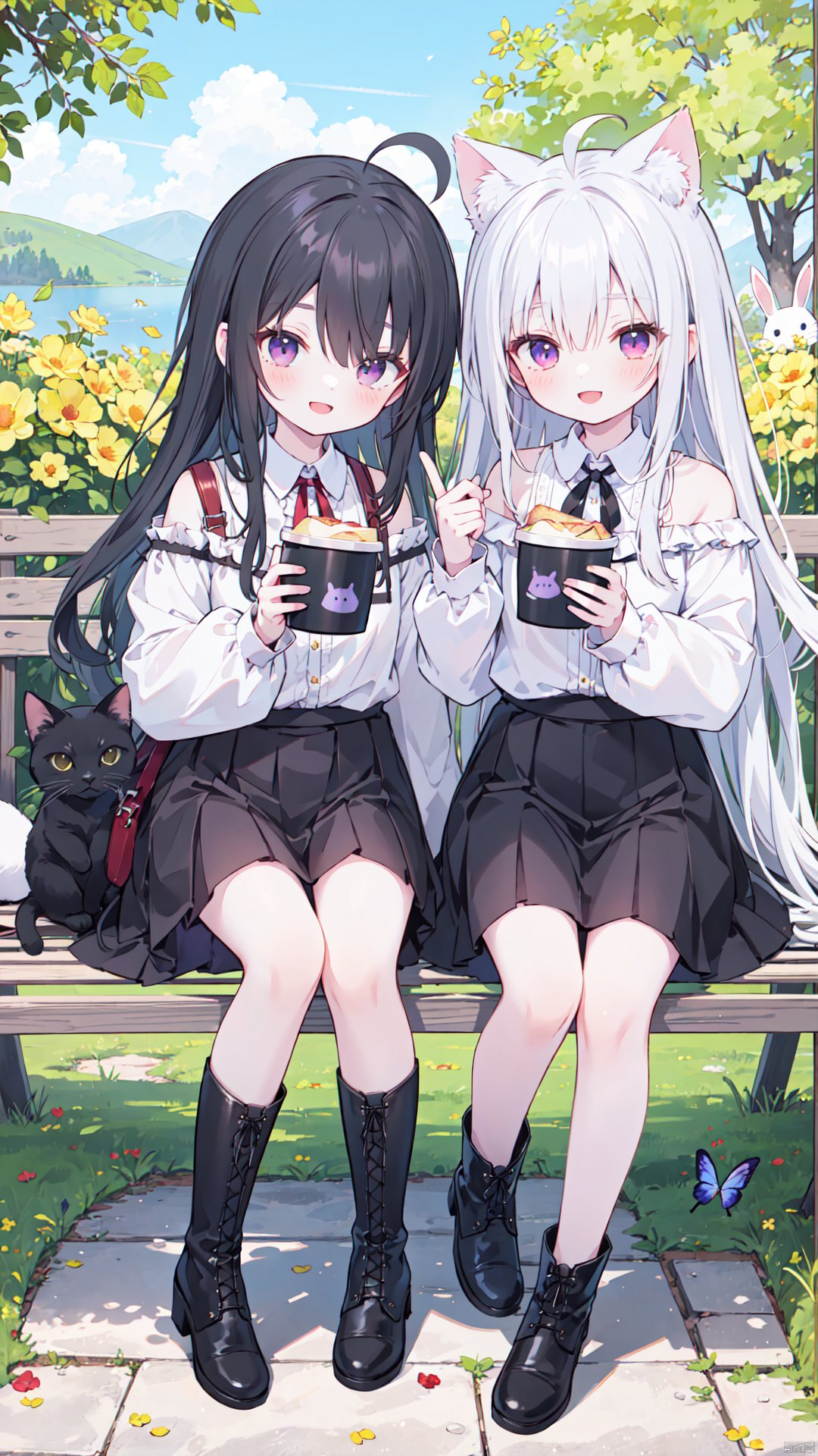 smile, lace-up boots, multiple girls, holding, 2girls, boots, sleeves past wrists, red eyes, shirt, sleeves past fingers, :d, very long hair, animal, purple eyes, outdoors, long hair, hair over one eye, day, white shirt, black footwear, cat, black hair, bangs, cross-laced footwear, skirt, off shoulder, ahoge, black cat, cup, flower, bento, closed mouth, long sleeves, sandwich, butterfly, holding cup, rabbit, bo