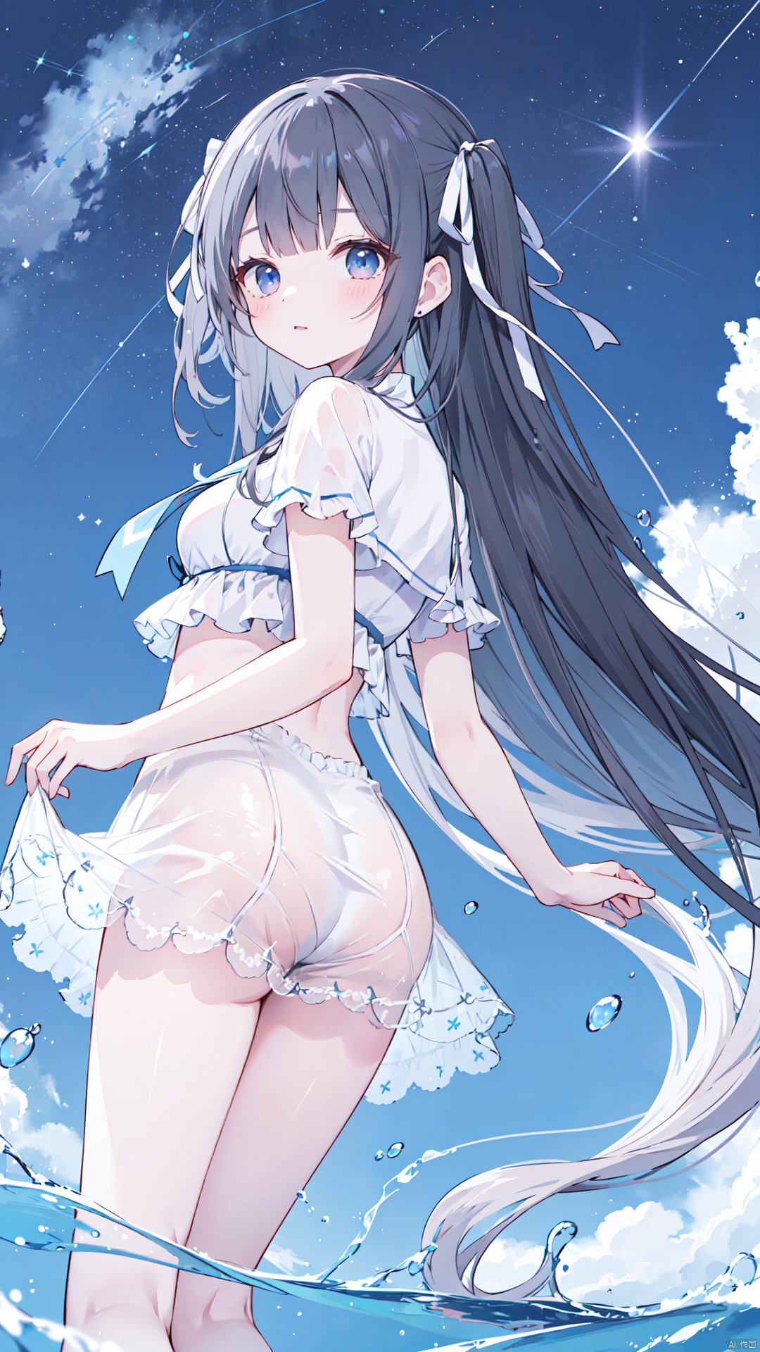 (very long hair, cowboy shot:1), (4349, 4349, 4349:1), 1girl, solo, long hair, ass, looking at viewer, wading, ribbon, black hair, bangs, frills, breasts, blue ribbon, small breasts, hair ribbon, looking back, water, very long hair, star (sky), one side up, starry sky, blunt bangs, outdoors, dutch angle, water drop,,,,,