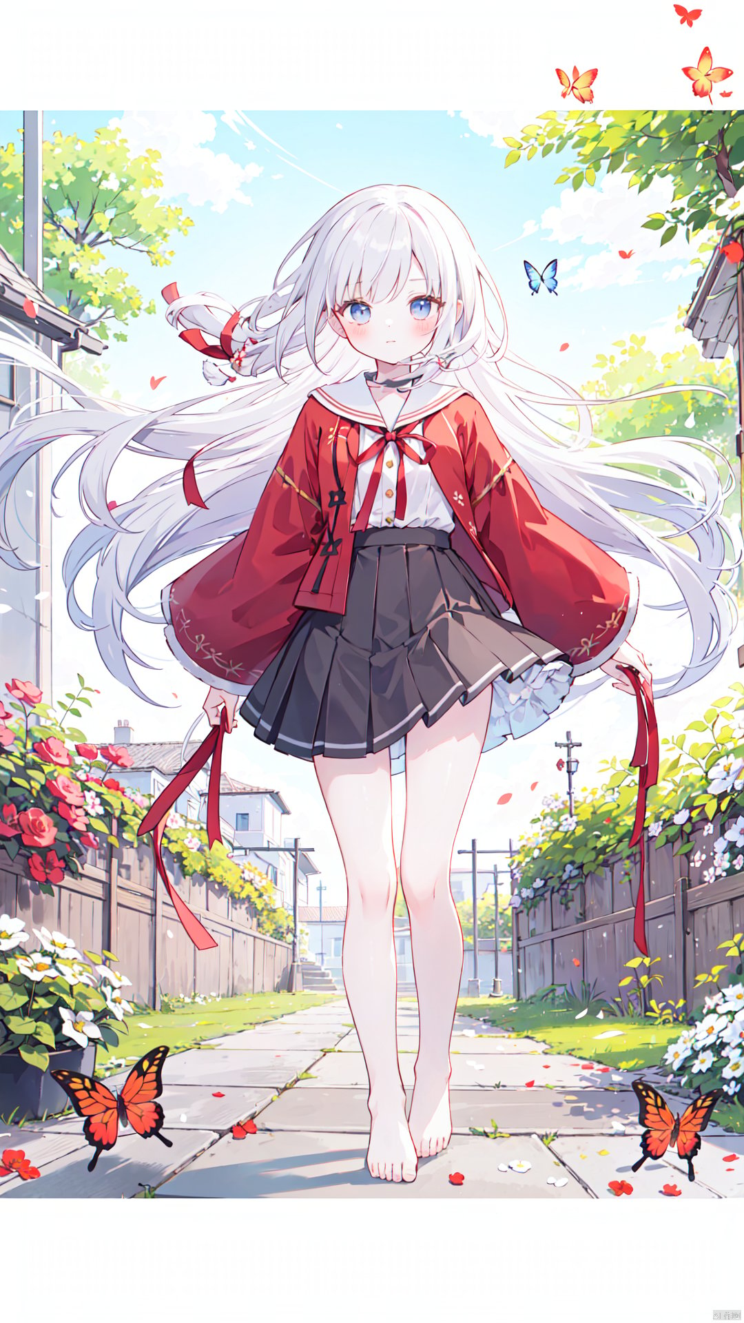 1 girl,HDR,high contrast,red classical robe,flying long hair,short skirt,hair tied with red ribbon,wind chimes,full body,soft clothing texture,eyes looking at the audience,flowers,butterflies,barefoot,red ribbon fluttering in the wind