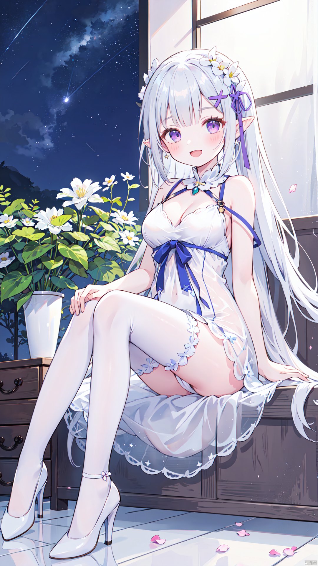 1girl, solo, long hair, flower, dress, purple eyes, breasts, white flower, white dress, sitting, bangs, hair ornament, night, hair flower, high heels, white footwear, see-through, sky, emilia (re:zero), shooting star, plant, sleeveless dress, braid, star (sky), potted plant, smile, sleeveless, night sky, bare shoulders, cleavage, starry sky, open mouth, grey hair, full body, strap slip, medium breasts, petals, blush, indoors, bare arms, :d, jewelry, looking at viewer, pointy ears, head wreath, blunt bangs,,,,,