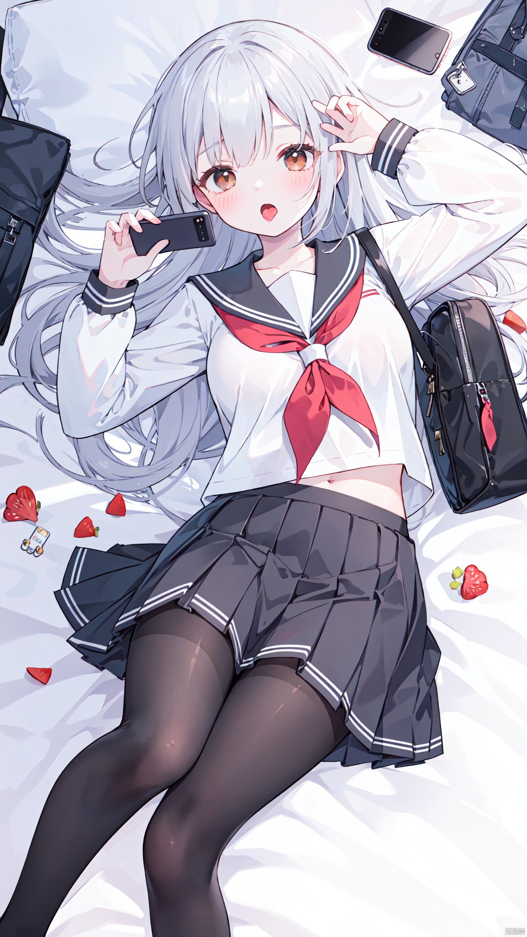 1girl, solo, pantyhose, skirt, school uniform, sailor collar, white shirt, long hair, phone, long sleeves, shirt, neckerchief, cellphone, serafuku, red neckerchief, on back, lying, open mouth, brown eyes, pleated skirt, smartphone, black skirt, looking at viewer, black pantyhose, bangs, cum, grey hair, arm up, blush, bag, indoors, holding, black sailor collar, brown pantyhose, on floor, holding phone, cum in mouth, breasts, miniskirt, from above, school bag, facial,