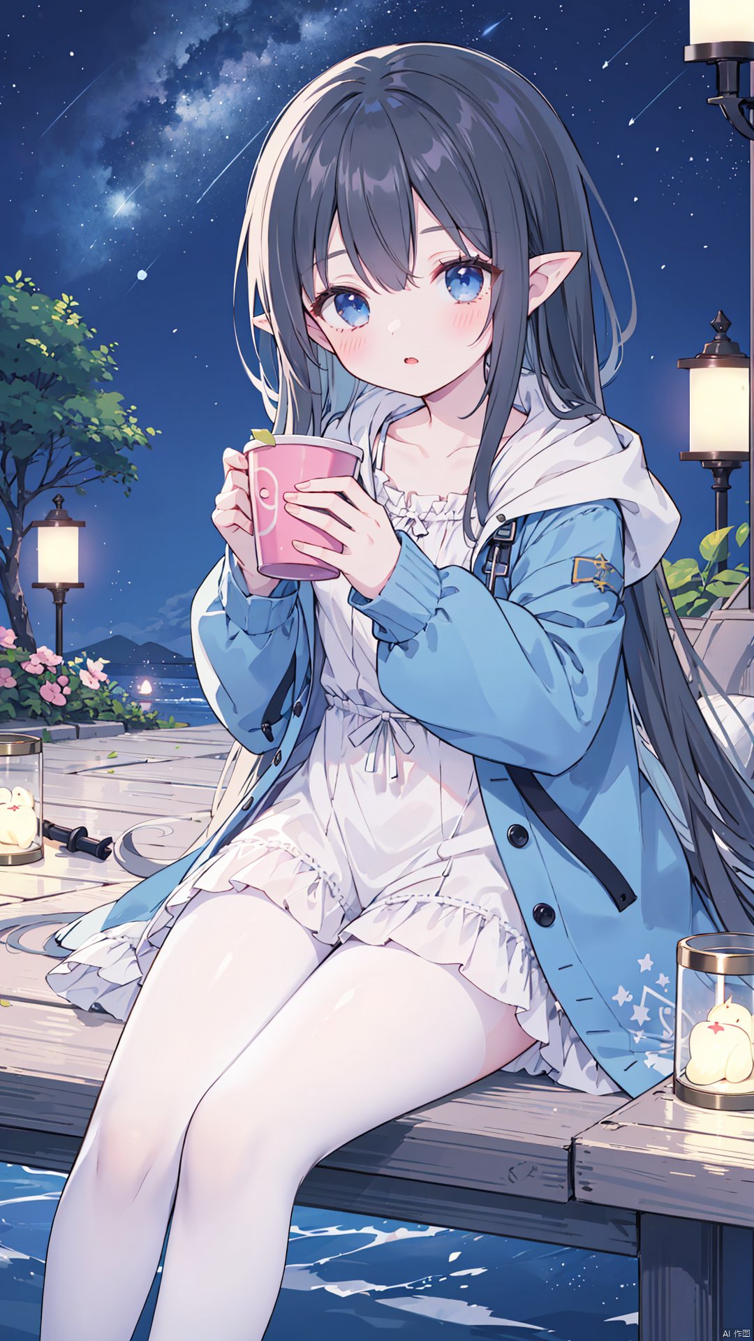 1girl, holding, 1boy, starry sky, star \(sky\), sky, jacket, long hair, very long hair, dress, blue eyes, hood down, pointy ears, long sleeves, open jacket, staff, night, open clothes, pants, parted lips, holding staff, hood, night sky, hooded jacket, collarbone, bangs, white dress, black hair, outdoors, blush, sitting, shirt, cup, looking at viewer, lantern, sleeves past wrists, white shirt, puffy long sleeves