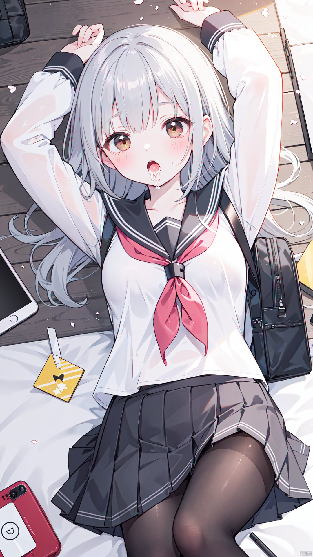 1girl, solo, pantyhose, skirt, school uniform, sailor collar, white shirt, long hair, phone, long sleeves, shirt, neckerchief, cellphone, serafuku, red neckerchief, on back, lying, open mouth, brown eyes, pleated skirt, smartphone, black skirt, looking at viewer, black pantyhose, bangs, cum, grey hair, arm up, blush, bag, indoors, holding, black sailor collar, brown pantyhose, on floor, holding phone, cum in mouth, breasts, miniskirt, from above, school bag, facial