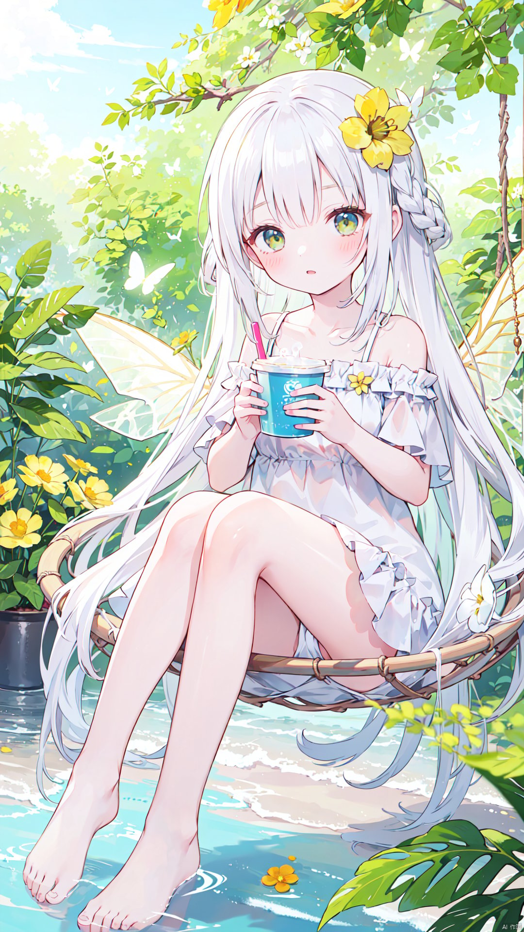 1girl, solo, flower, long hair, drinking straw, hair flower, hair ornament, very long hair, barefoot, yellow flower, red flower, blush, soles, holding, water, looking at viewer, bug, cup, wings, collarbone, bangs, crazy straw, butterfly, white hair, sitting, green eyes, holding cup, bow, hammock, bare shoulders