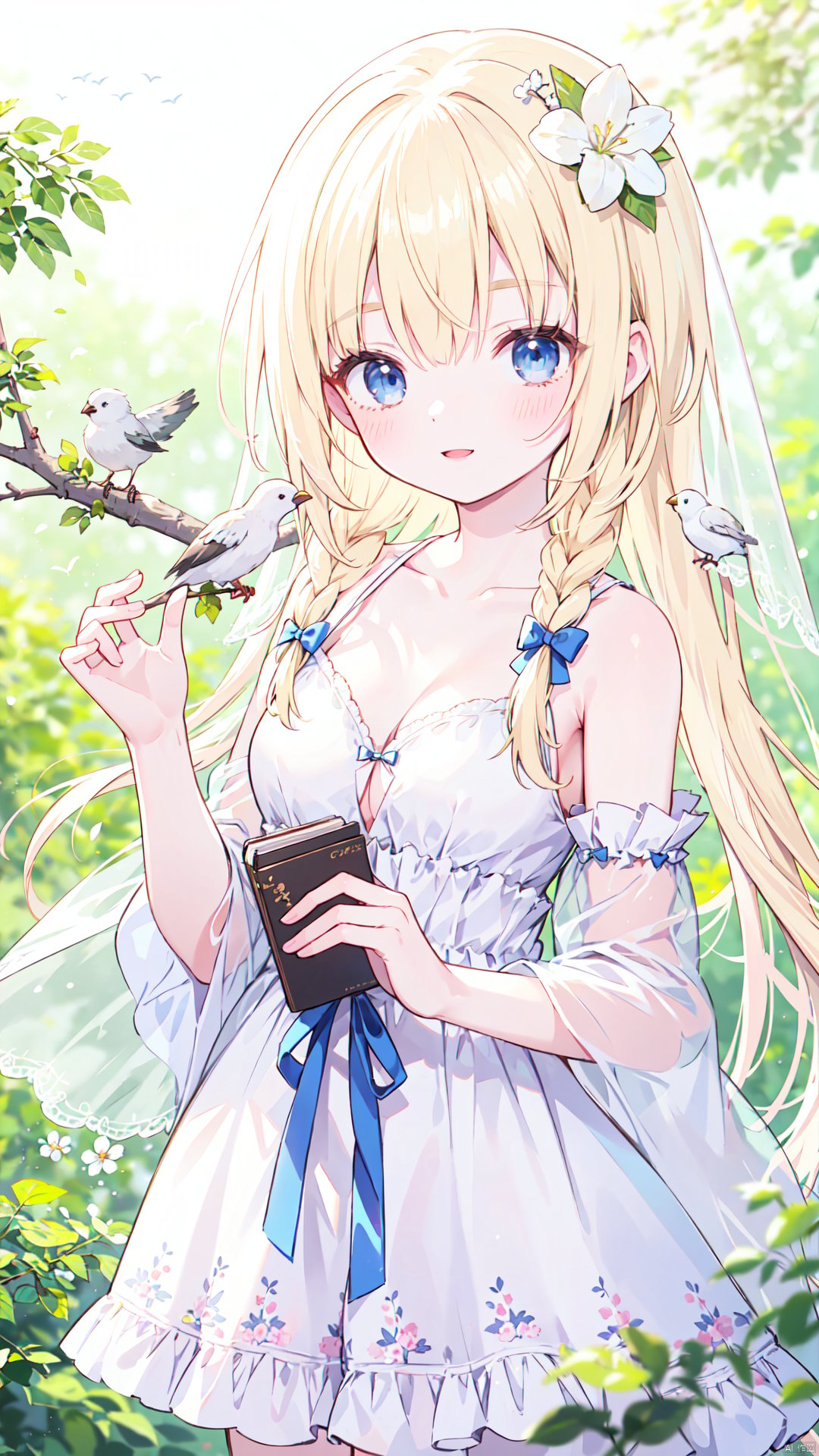 1girl, bird, dress, very long hair, solo, long hair, blue eyes, flower, white dress, breasts, white flower, animal, depth of field, bangs, blurry, branch, sleeveless dress, animal on hand, hair flower, bow, see-through, hair ornament, braid, parted lips, hands up, pink flower, sleeveless, red bow, cleavage, blush, medium breasts, looking at viewer, bird on hand, wide sleeves, veil, blurry foreground, red ribbon, ribbon, blurry background, smile, blonde hair, hair bow, collarbone, transparent, blue ribbon, bare shoulders, small breasts, blue bow, detached sleeves