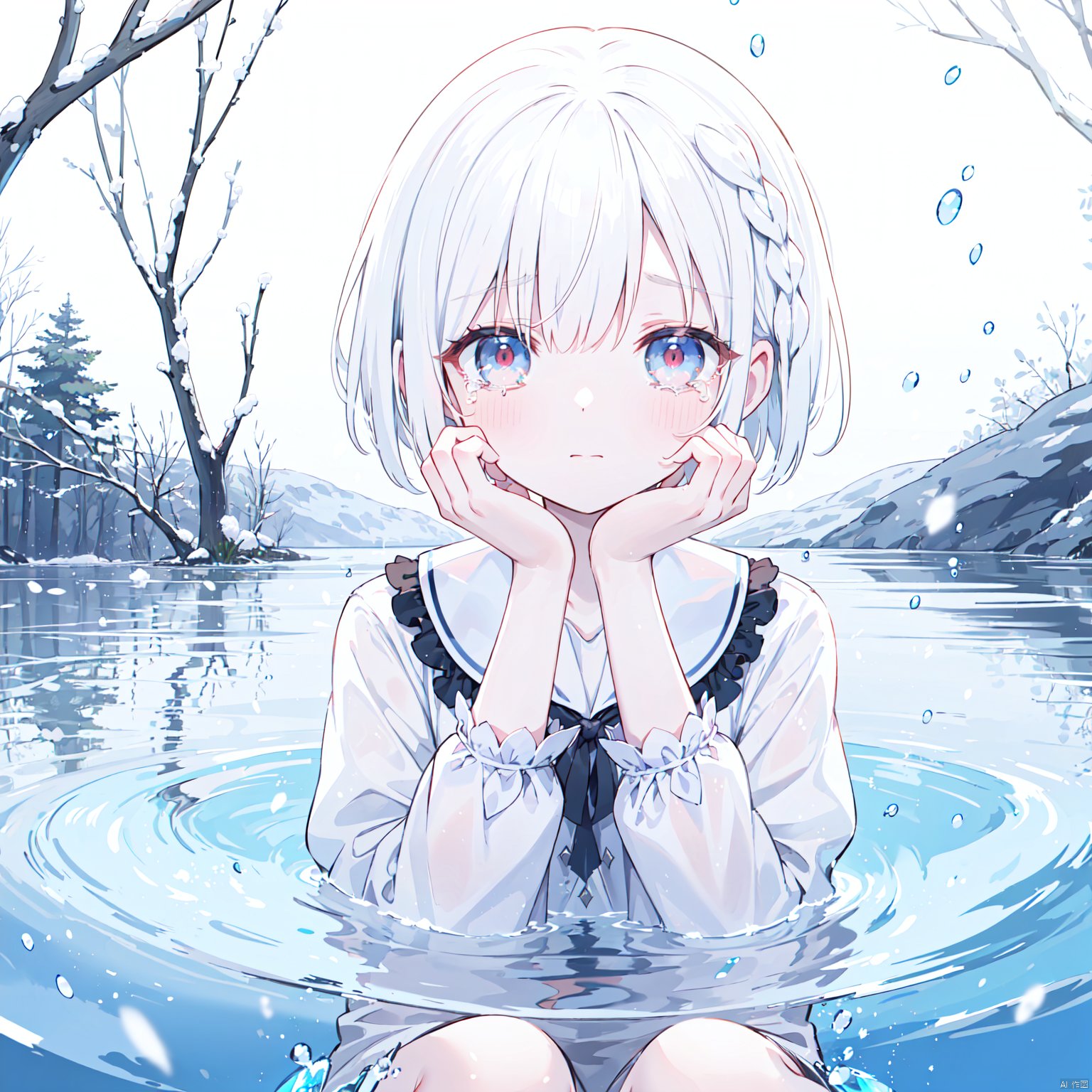 e:1.4), (streaming tears), sad, (Edelweiss), (Edelweiss), (Edelweiss), Ice crystal,Major Snow,looking at viewer, both hands on own cheek,White shirt , (white hair, short hair, braid,bangs:1.2), (glowing eyes), ripples, dark water, In water,