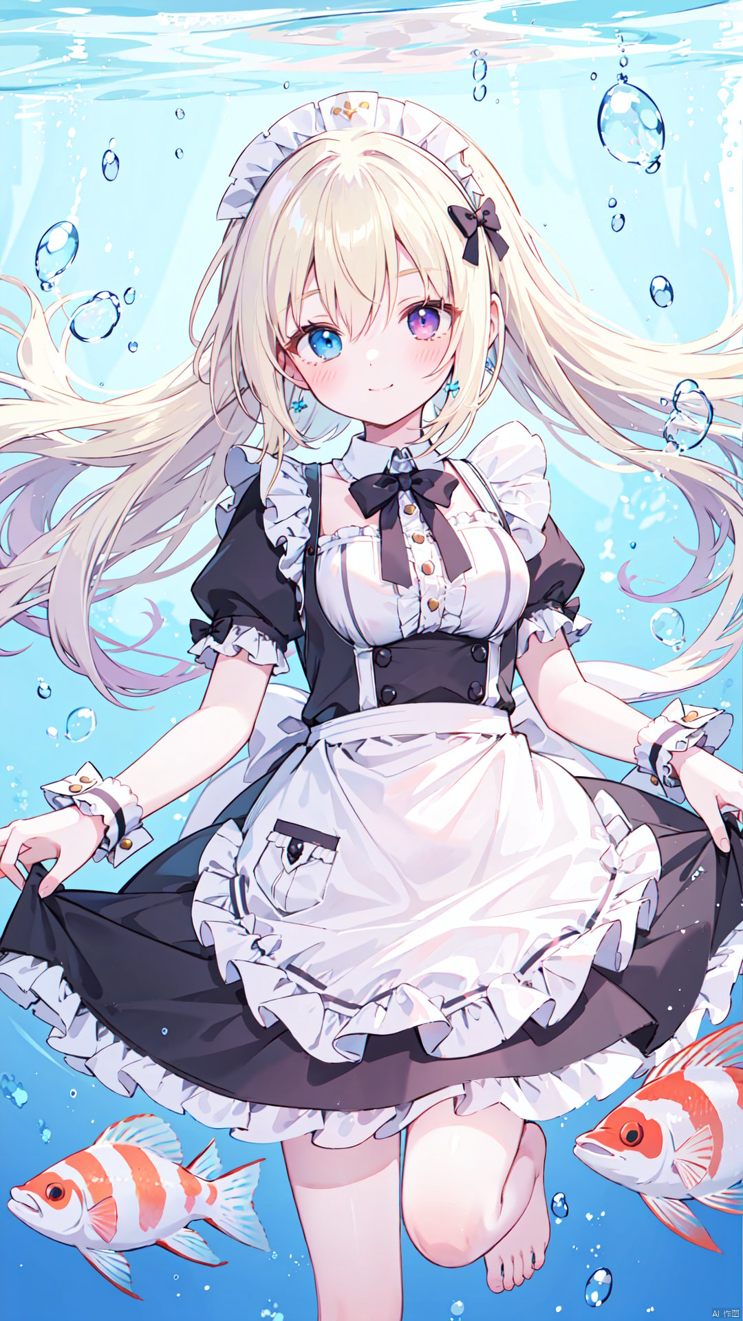 1girl, apron, dress, solo, blue eyes, long hair, bubble, underwater, white apron, frilled apron, fish, frills, blue dress, smile, short sleeves, blonde hair, wrist cuffs, bow, bangs, blush, heterochromia, air bubble, barefoot, maid headdress, closed mouth, clownfish, looking at viewer, maid apron, striped, hair between eyes, maid, striped bow, frilled dress, breasts, puffy short sleeves, purple eyes, floating hair, jewelry